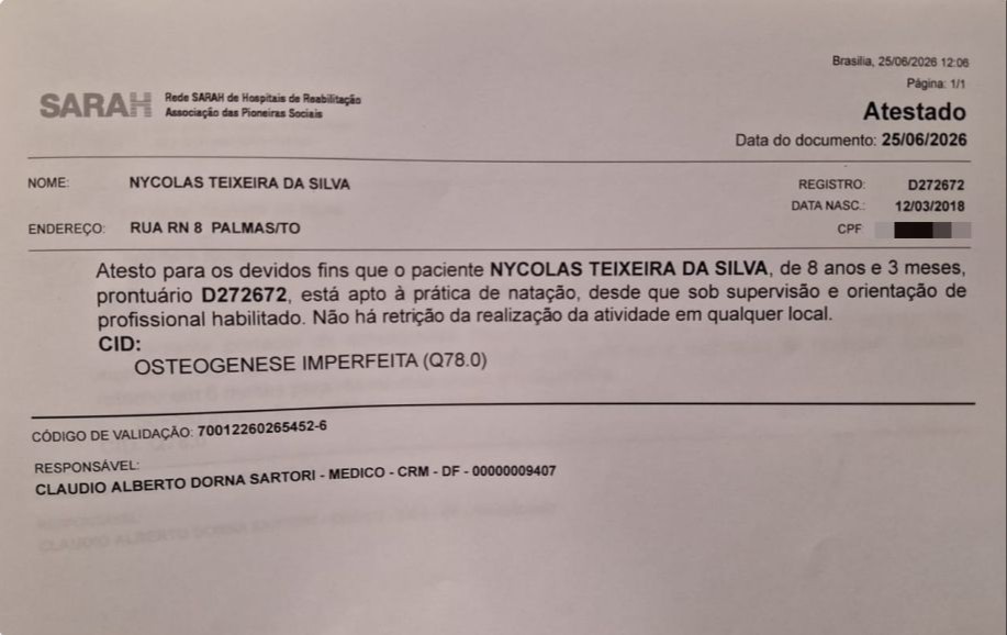 Atestado médico da Rede SARAH confirmando o diagnóstico de Osteogênese Imperfeita